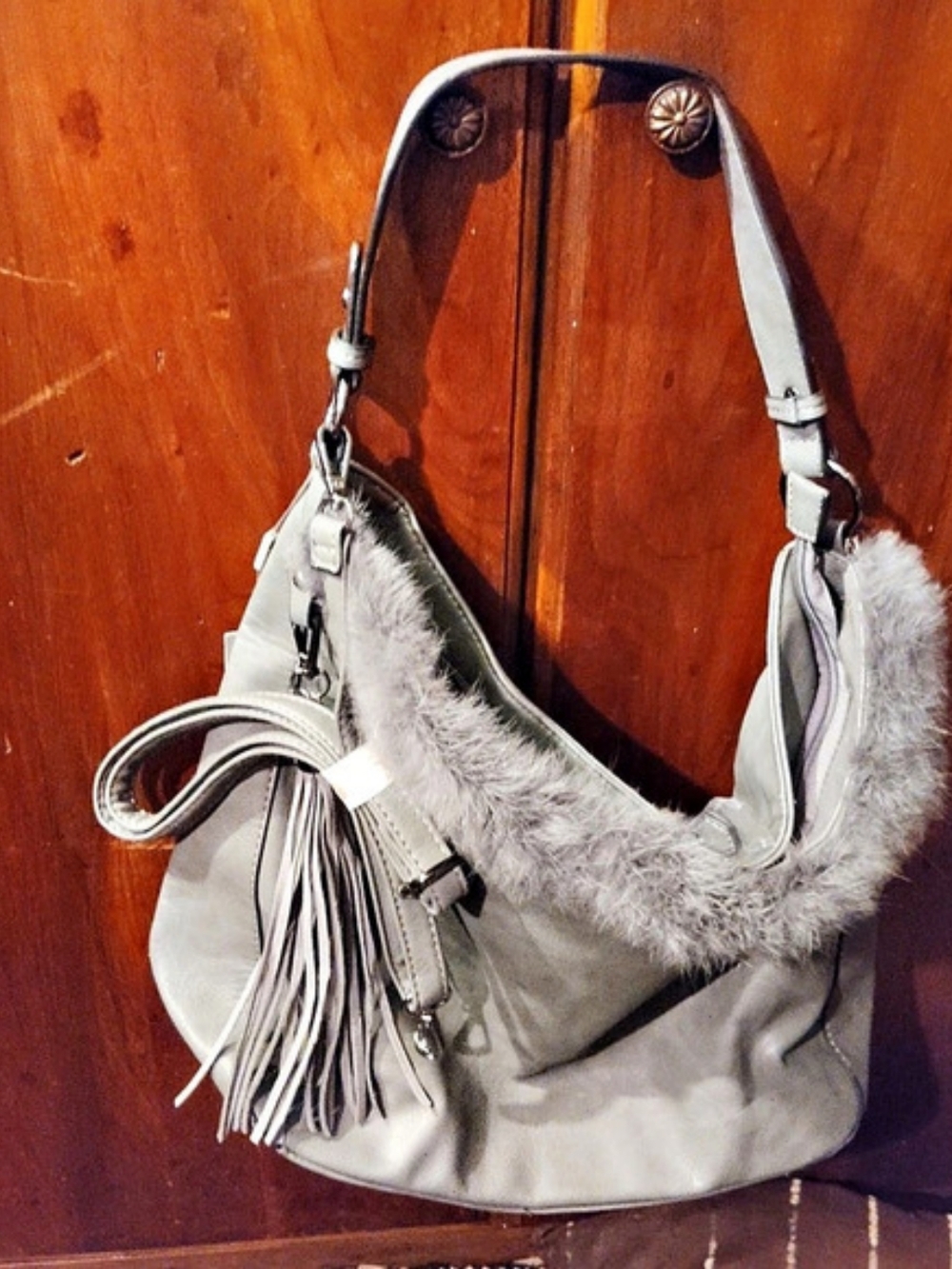 Iola Faux Fur Trim Fringe Hobo in Gray NWT